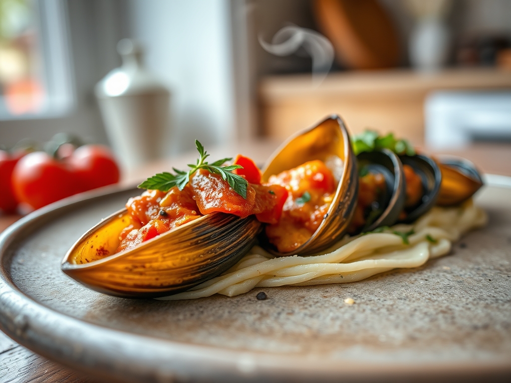 Mejillones con chorizo y tomate