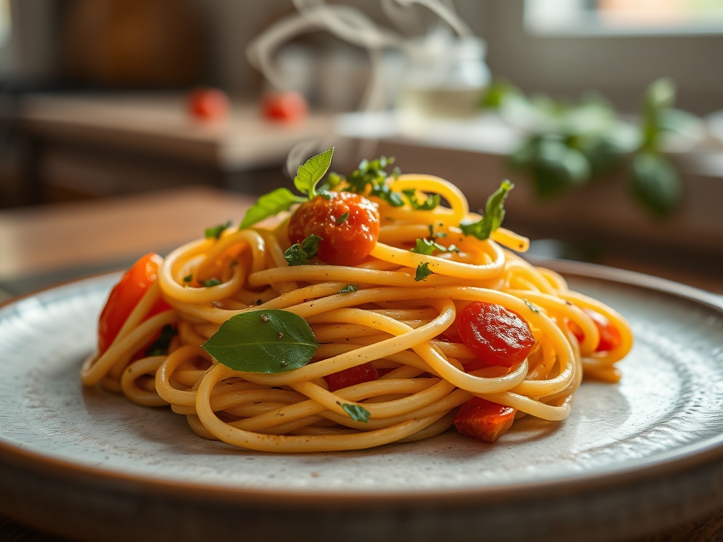Pasta con berenjena y tomate
