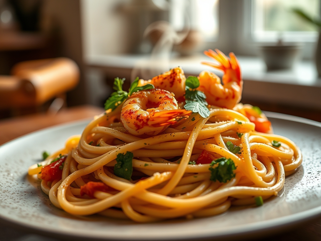 Pasta con calabacín y gambas