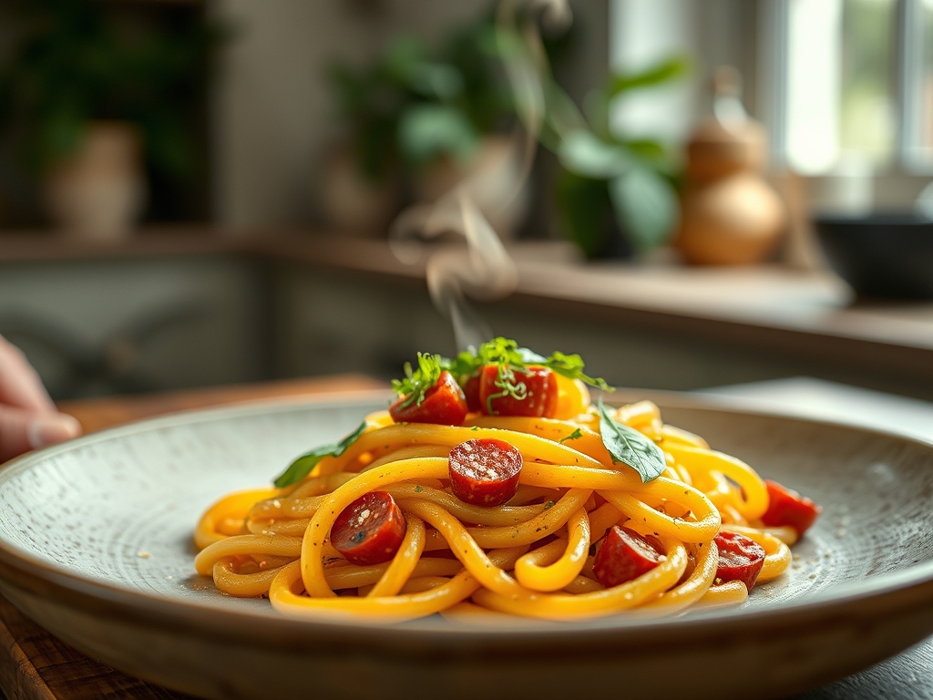 Pasta con chorizo y nata