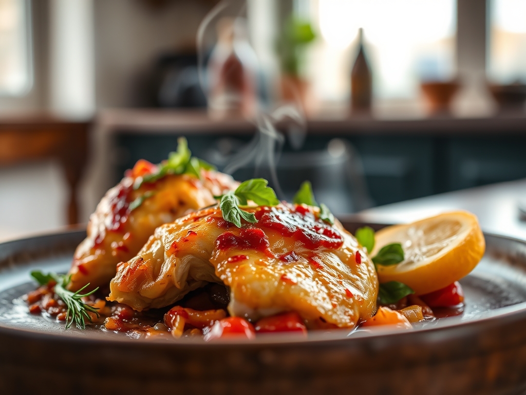 Pollo al chilindrón con jamón