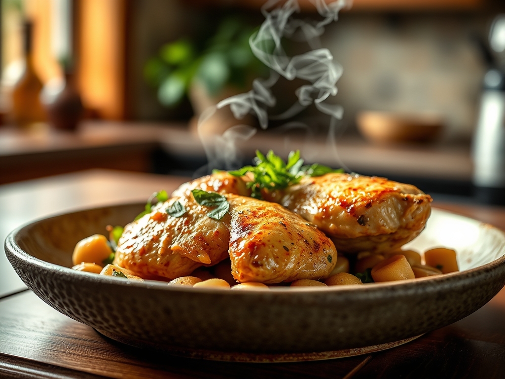 Pollo con champiñones y vino