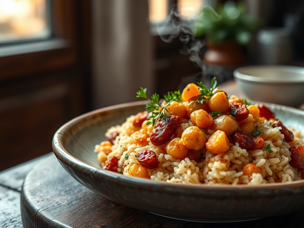 Arroz con garbanzos y embutido