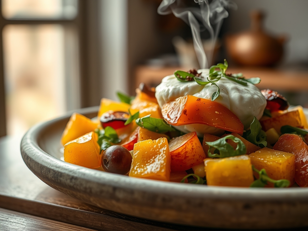 Ensalada de burrata y melocotón