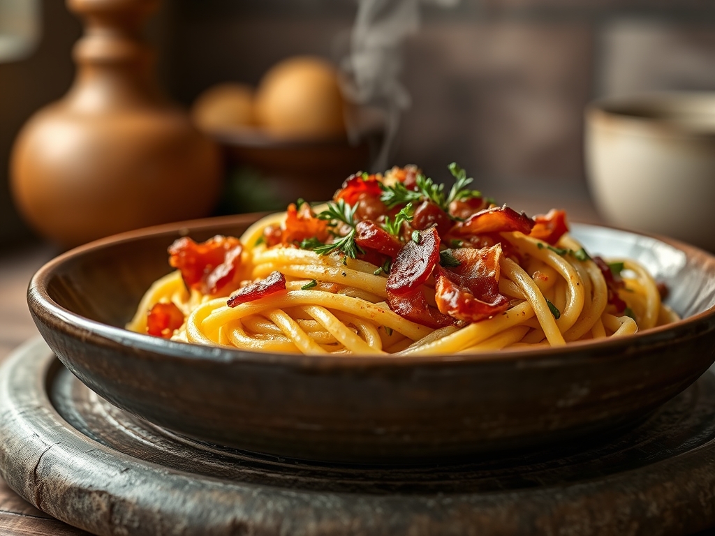 Pasta con crema de nueces y bacon